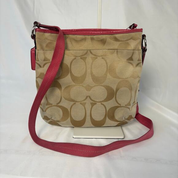 Coach Signature Stripe Duffle Crossbody Bag Khaki Jacquard Pink Patent Leather - Picture 12 of 12